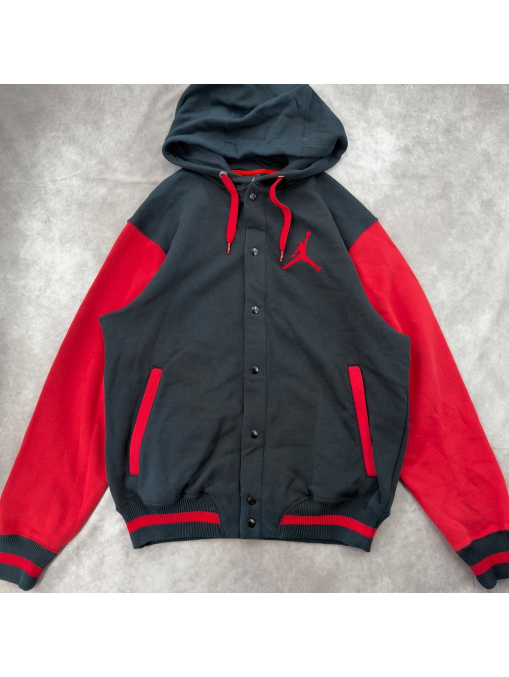 Vintage Jordan Snap Up Fleece Hoodie Jacket Black Red Men's XL